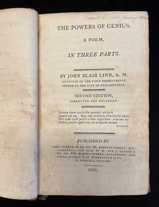 Item #011133 THE POWERS OF GENIUS, A POEM IN THREE PARTS. John Blair Linn, 17771804