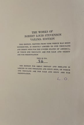 Item #012994 The Works of Robert Louis Stevenson (Vailima Edition, 26 volumes complete). Robert...