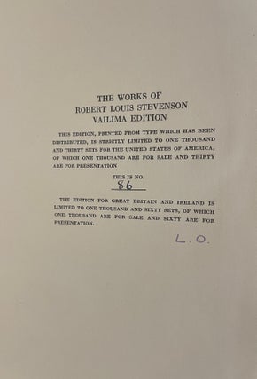 Item #012994 The Works of Robert Louis Stevenson (Vailima Edition, 26 volumes complete). Robert...