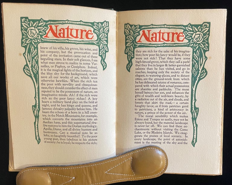 Item #013116 THE ESSAY ON NATURE as written by Ralph Waldo Emerson, and included in his second book of essays ; now reprinted at the Press of Alwil Shop, in Ridgewood, New Jersey : 1803-1903. Ralph Waldo. McGuire Emerson, R., Elisha Whipple . Sneider, library of, bookplate designed by.